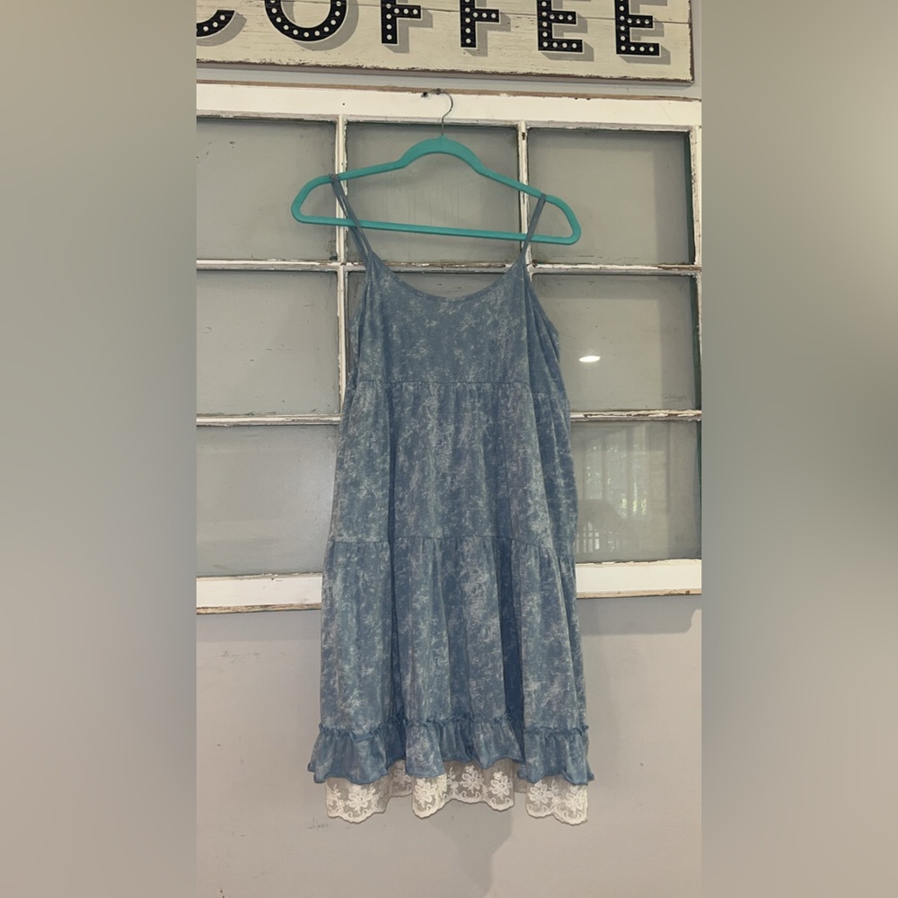 Light Blue Tie Dye Mini Dress with lace lining Summer Beach